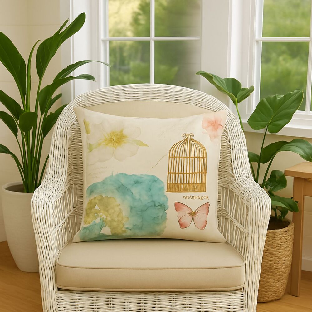 Pink Butterfly Blue Hydrangea Dogwood Bird Cage Pastel Pillow Cover Linen NEW